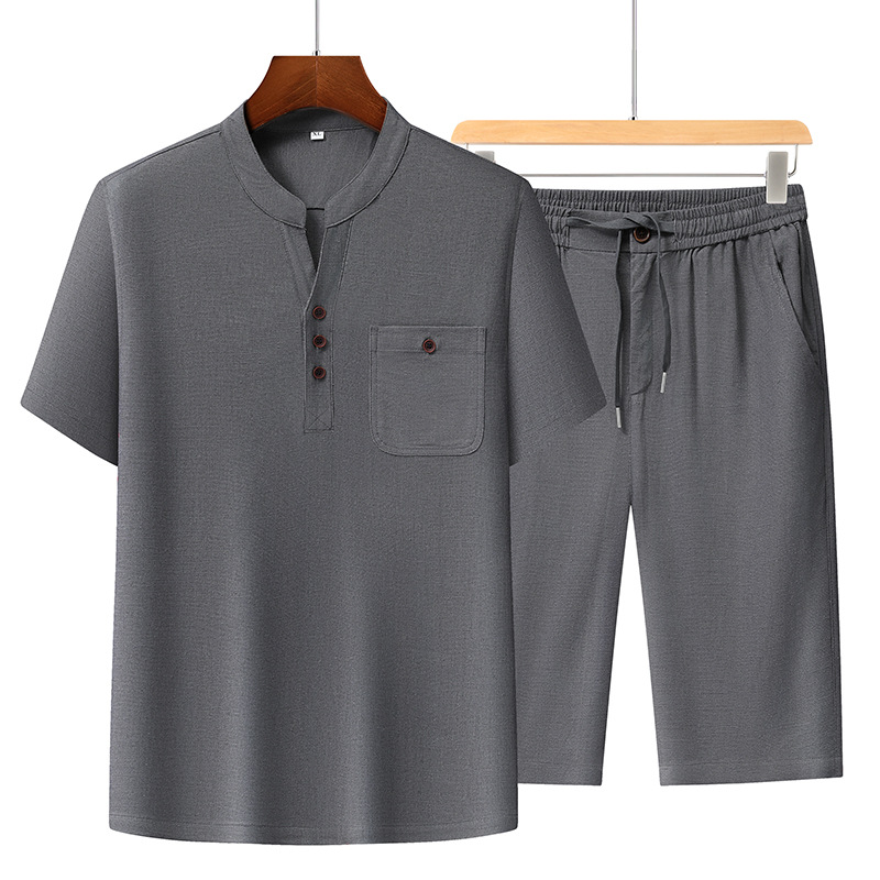 Marca de hombre algodón y lino conjunto de verano nuevo estilo frío lino de manga corta hombre ocio de mediana edad con pantalones rectos