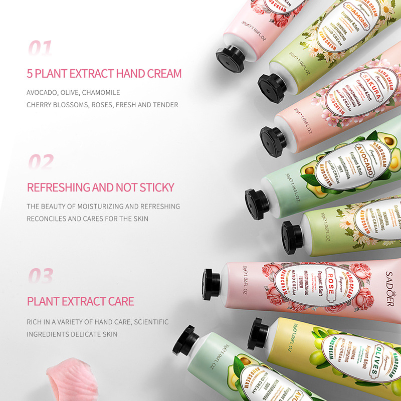 Comercio exterior transfronterizo SADOER colorido traje de crema de manos de flores y frutas hidratante anti-agrietamiento crema de manos regalo image 4