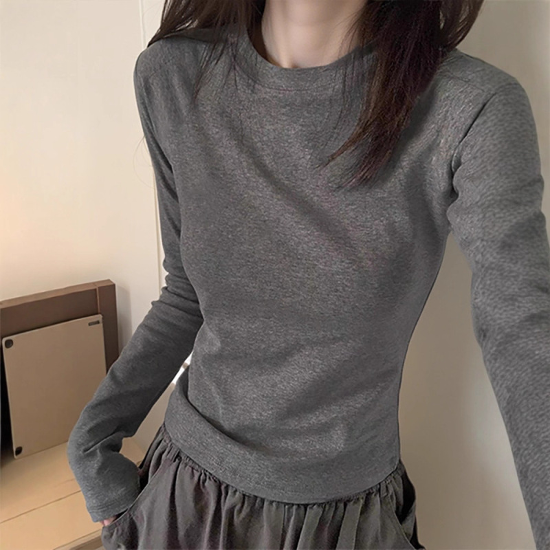 深灰色早秋内搭打底衫长袖T恤女秋季可外穿修身显瘦正肩圆领上衣|undefined