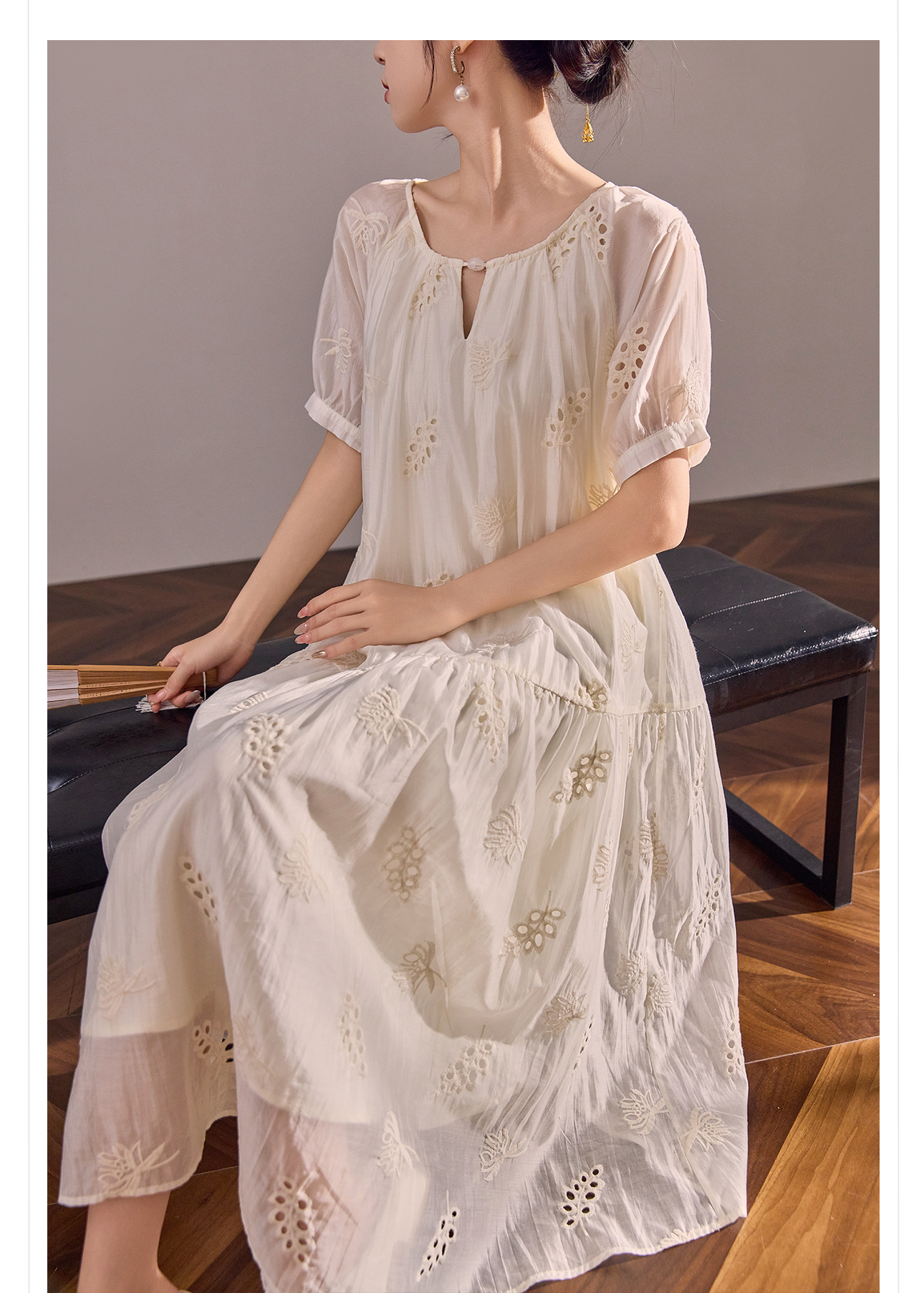 Váy maxi dáng rộng phong cách Trung Hoa mới cao cấp mùa hè chất Tencel cho người dáng nhỏ — Màu trắng nhạt chi tiết 4