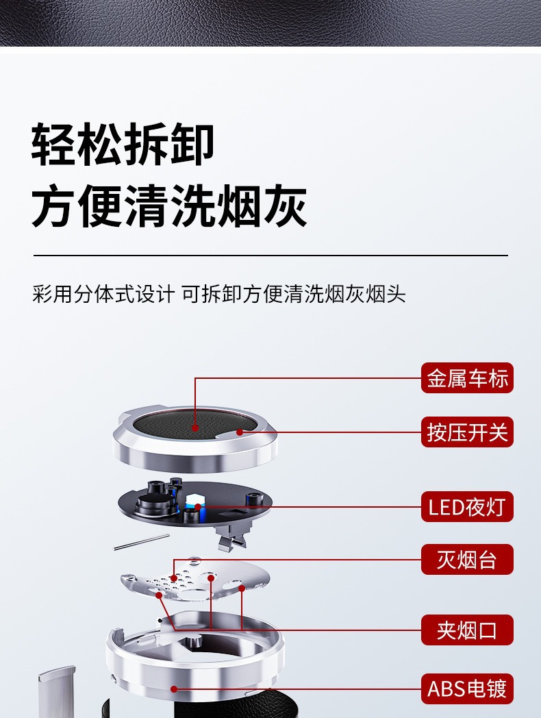 New Car Ashtray, Light Luxury Leather Alloy Inner Container, Press Switch, Led 3D Metal Ashtray with Lid