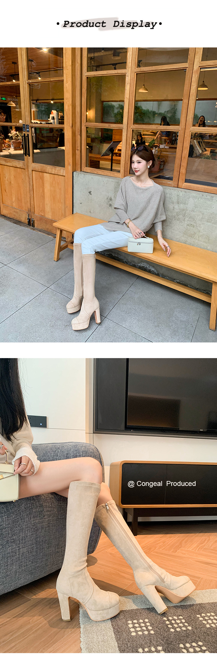 Boot nữ cổ cao ôm bắp chân gót 11cm đế platform mũi tròn — Quả mơ ống nhỏ đơn li, Lớp lót nhung lớn màu đen, Lớp lót nhung ống nhỏ màu mơ, Ống nhỏ màu đen đơn li chi tiết 6