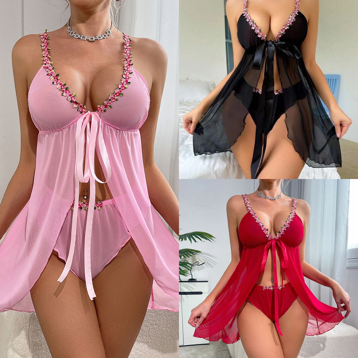 대외 무역 유럽과 미국의 국경 간 새로운 여성 섹시 속옷 섹시한 메쉬 꽃 서스펜더 보우 슬릿 잠옷 세트