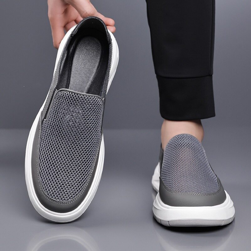Giày lười nam lưới thoáng khí kiểu mới, đế bằng, phong cách thường ngày — Màu kaki【HT77663】, Màu xám【HT77663】
