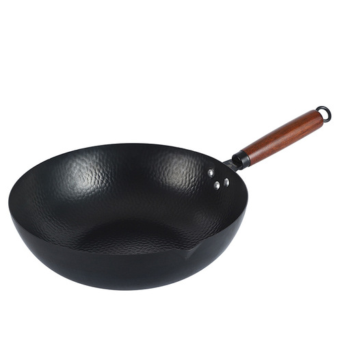 Zhangqiu forged iron pot, wood lid, wok with uncoated wooden handle, iron pot, round-bottomed restaurant wok manufacturer wholesale