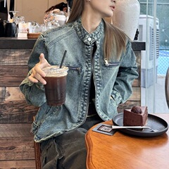 美式复古水洗做旧牛仔外套男女秋冬新款宽松短款设计感夹克上衣潮