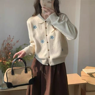 森系复古花朵polo领针织开衫韩系刺绣学院风小众设计感毛衣外套女