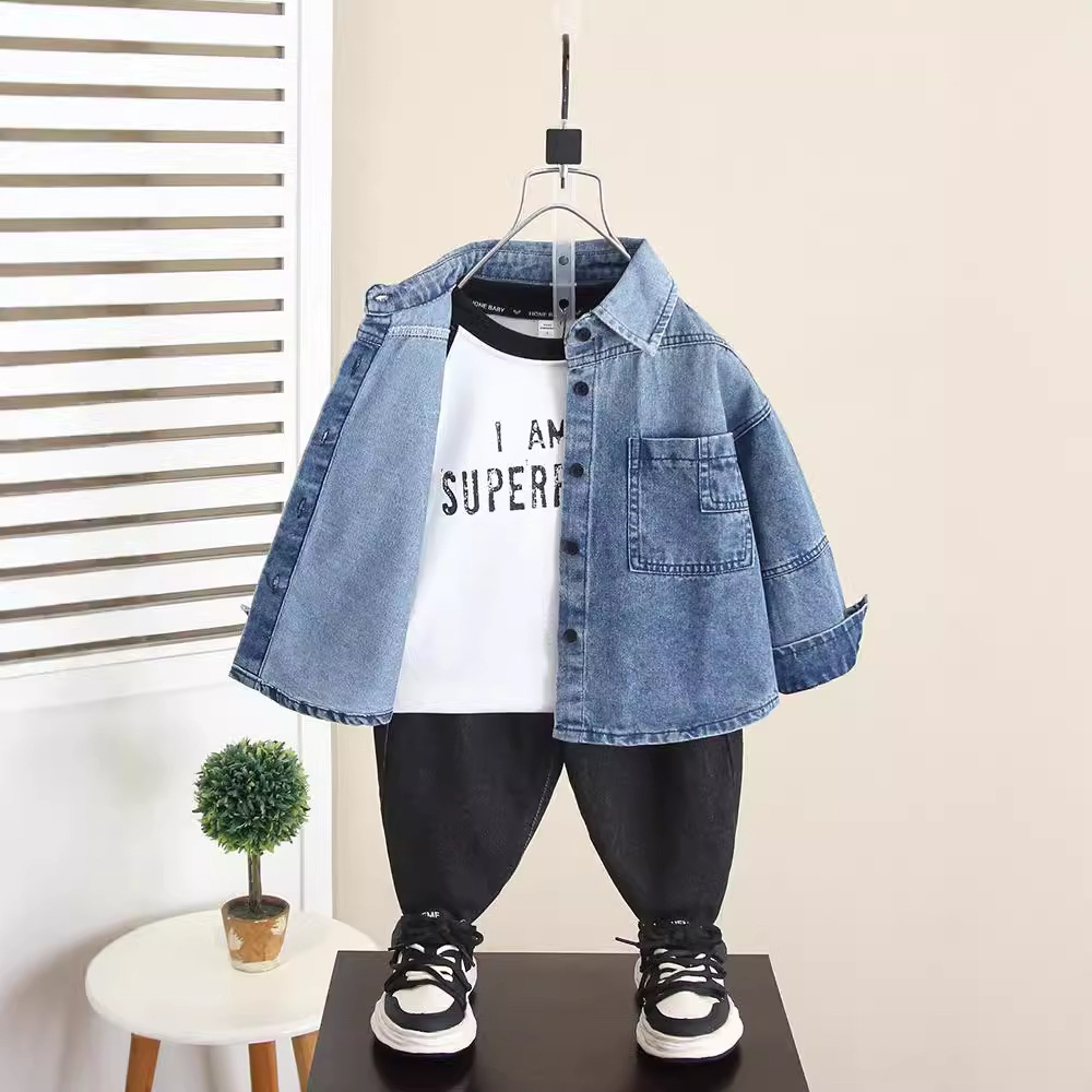 6259 Camisa vaquera para niños Chaqueta 2024 Otoño Nuevo estilo Estilo occidental Ropa de otoño para bebés Camisa de manga larga para niños de primavera y otoño