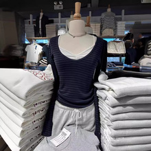 BM风美式藏青V领条纹长袖t恤打底衫女bm辣妹修身显瘦春秋百搭上衣