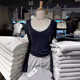 BM风美式藏青V领条纹长袖t恤打底衫女bm辣妹修身显瘦春秋百搭上衣