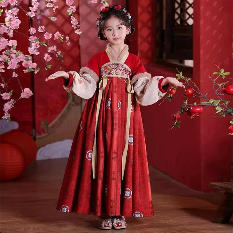 汉服女童冬款儿童古风古装拜年服女宝宝加绒中国风唐装演出过年服