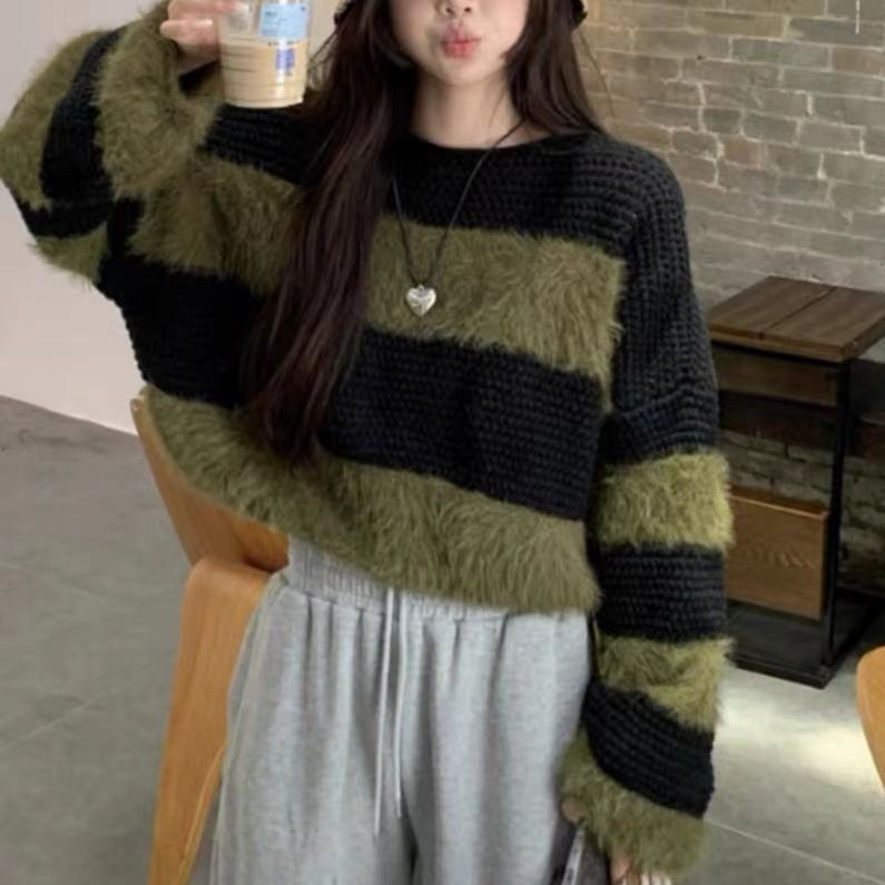 毛衣女复古宽松针织衫秋季感女装撞色拼接新款设计仿貂毛软糯条纹|undefined