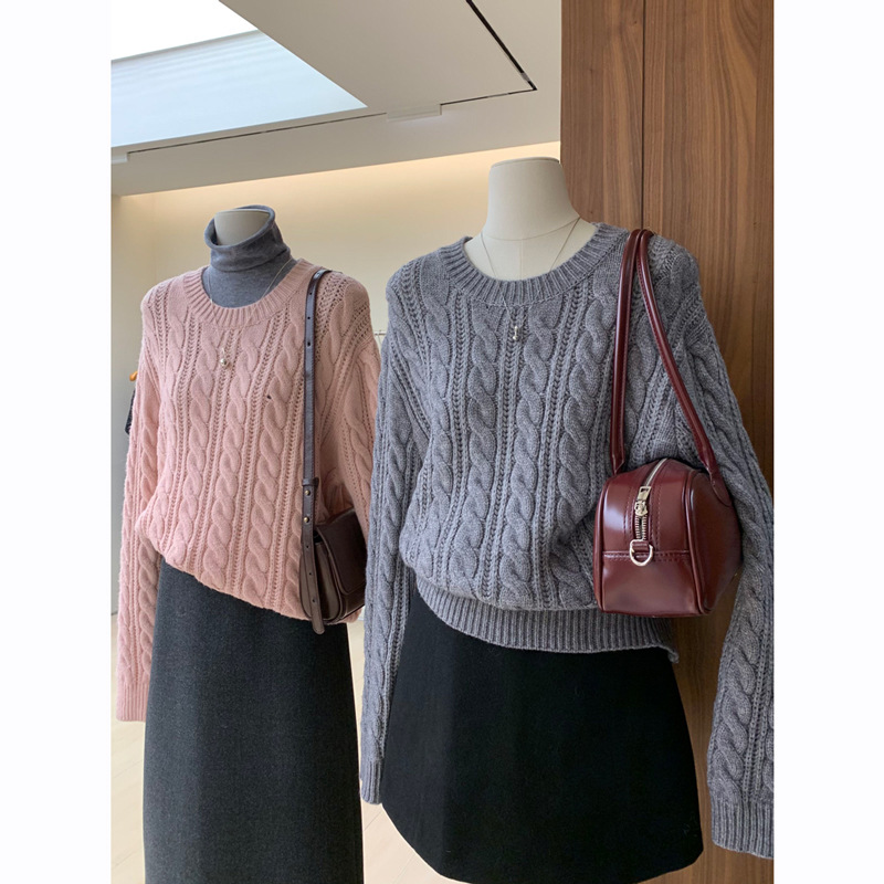 多种织法粗毛线巨软宽松麻花圆领毛衣加厚冬季女款套头慵懒风上衣