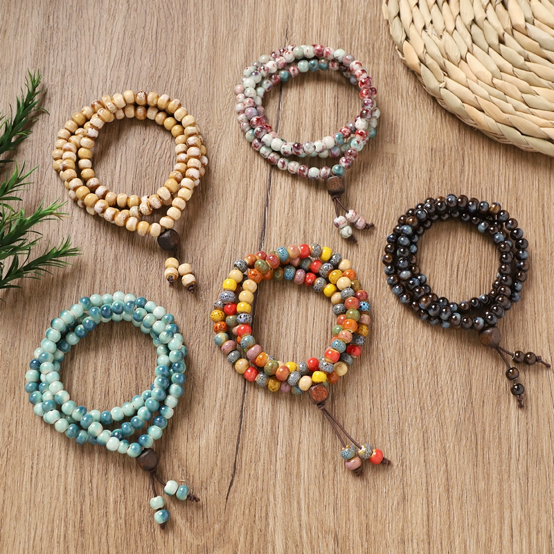 Керамические браслеты в стиле ретро в литературном этническом стиле, многокруглые браслеты из бисера, новые бусины в национальном стиле в стиле шинуазри для мужчин и женщин, аксессуары из буддийских бусин