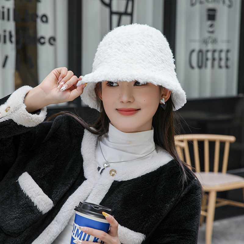 Autumn and Winter New Women's Solid Color Warm Fury Pot Hat with Large Headband, High Quality and Simple Bucket Hat Tide_voghion.com
