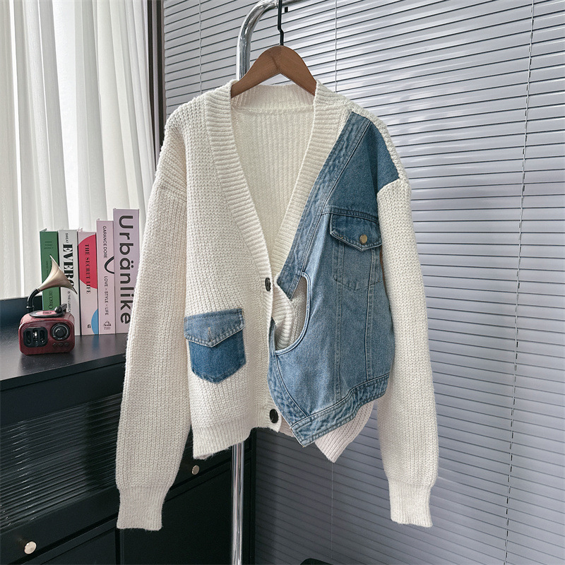 Veste pull en denim patchwork de niche pour vêtements pour femmes_voghion.com