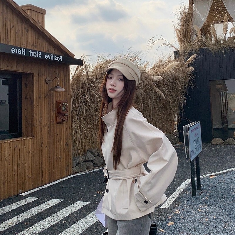 韩系小众慵懒气质短款风衣外套女2025秋季新款英伦风立领收腰上衣|undefined