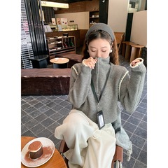 灰色半拉链高领毛衣女2025春秋新款拼接针织衫宽松设计感上衣女