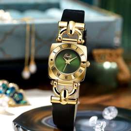 歌迪GEDI新款高级感复古罗马方形表盘女士潮流小绿表石英皮带手表