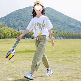 女童夏薄款洋气套装跨境电商货源现货代发可爱洋气字母印花两件套