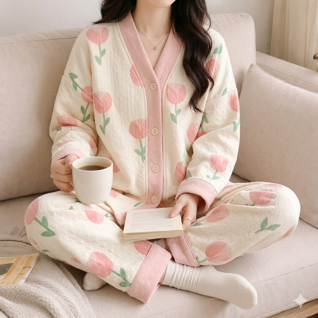 Cereza adorable aire algodón intercalado otoño invierno engrosado pijama mujer 2026 nuevo conjunto de ropa de hogar cálida de manga larga