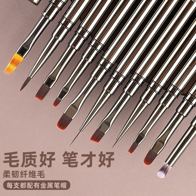 Juego de pinceles para decoración de uñas con forma de cuadrado y redondo, con mango de metal, bolígrafo universal para pintar con colores degradados, diseño de flores y bolígrafo de fototerapia.