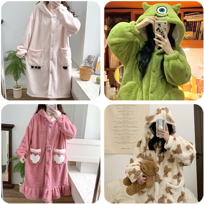Pijama de franela de invierno mujer sobre la rodilla vestido con capuzas y camelón calentamiento simple lindos pijamas caseros al por mayor