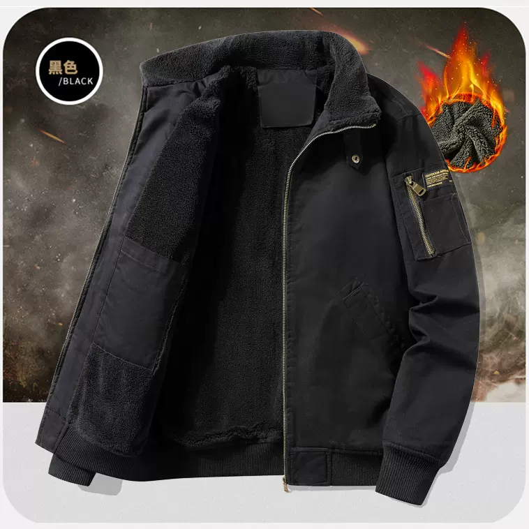 秋冬新款男士加绒夹克纯棉水洗加厚户外休闲飞行茄克保暖棉衣外套