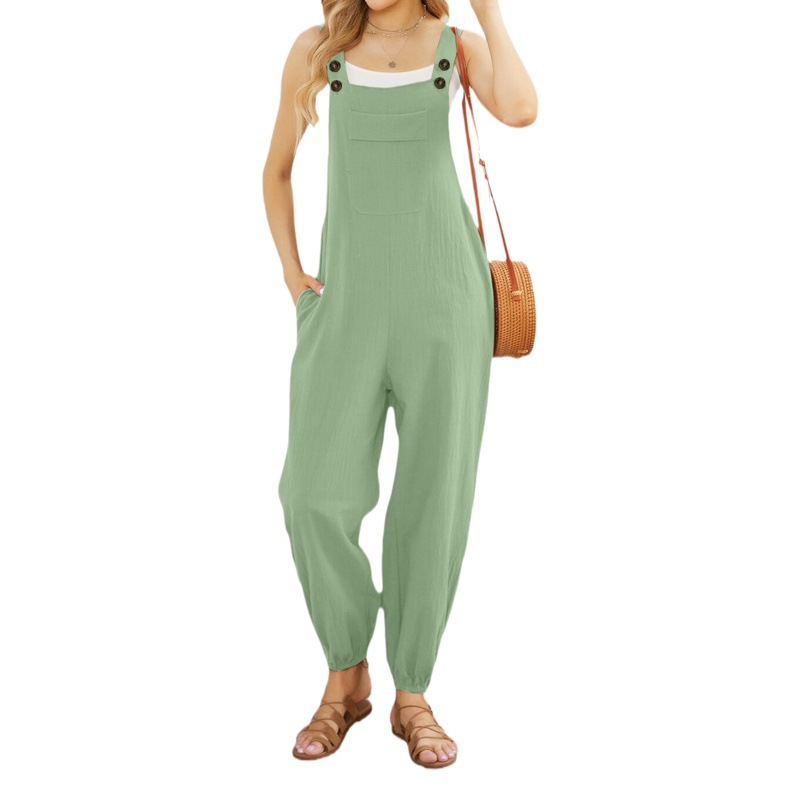 Pantalones de tirantes de bolsillo de la cintura del color sólido del mono de las mujeres europeas y americanas del algodón y del lino