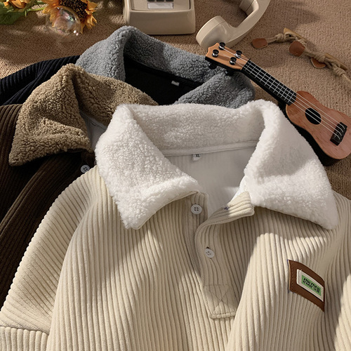 Corduroy Polo-Neck Sweater—Men's Autumn/Winter Fleece-Lined, Thickened Lambswool Jacket—Couple's Winter Hong Kong-Style Youth Style