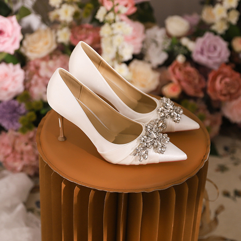 H-18 High Heels Wedding Banquet Women Elegant Stiletto Sexy Bridesmaid Pointed Toe Style White Large Size Single_vogvips.com