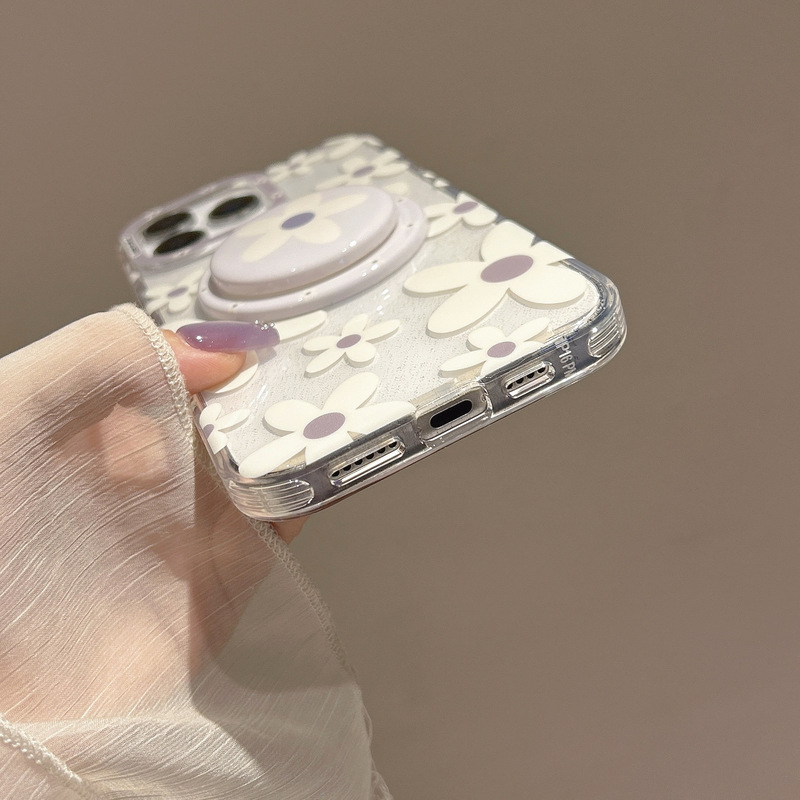 春夏灰色满屏花朵磁吸手机壳带支架iPhone16promax/15适用14pro女|undefined