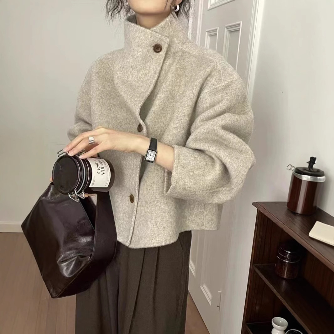Simple stand collar design sense double-sided cashmere coat women's 2024 autumn and winter small slim high-end sense wool coat