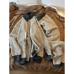 韩版高级拼色条纹针织半边绒睡衣女秋冬季加厚保暖家居服套装外穿