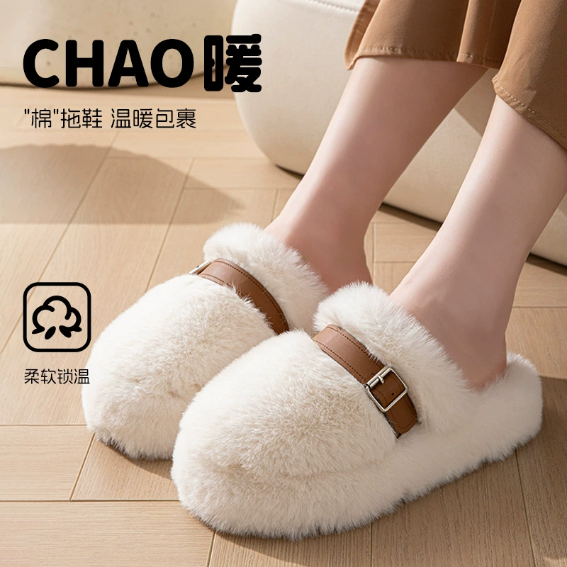 Женская верхняя одежда с меховой обувью, новинка 2025 года, осенне-зимняя женская обувь с пряжкой на поясе, теплая обувь-бини на флисовой подкладке, хлопчатобумажная обувь, хлопковые тапочки