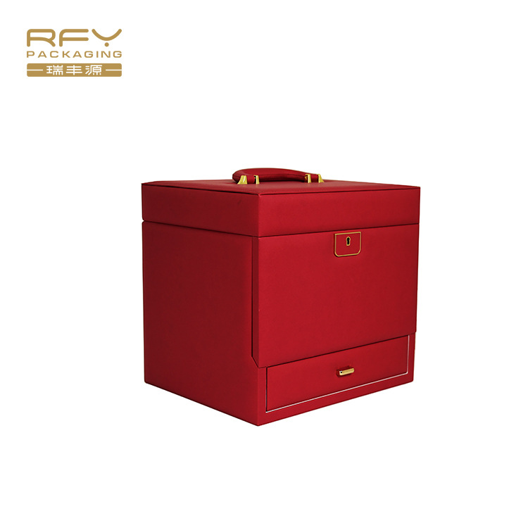 工厂定制便携时尚多功能化妆箱手提箱  红色珠宝收纳首饰盒带镜子