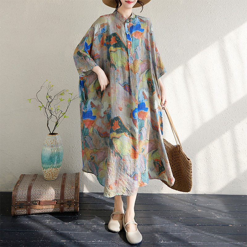 Foreign Trade plus size Spring and Summer New Artistic Temperament Retro Cotton and Linen Printing Collar Loose Super Long Holiday dress