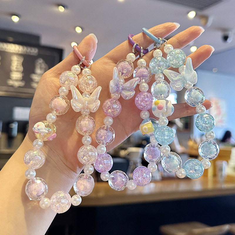 Internet Celebrity's Same Style Beaded Ice Cracked Butterfly Mobile Phone Chain Car Keychain Accessories Women's Bag Keychain Pendant Gift