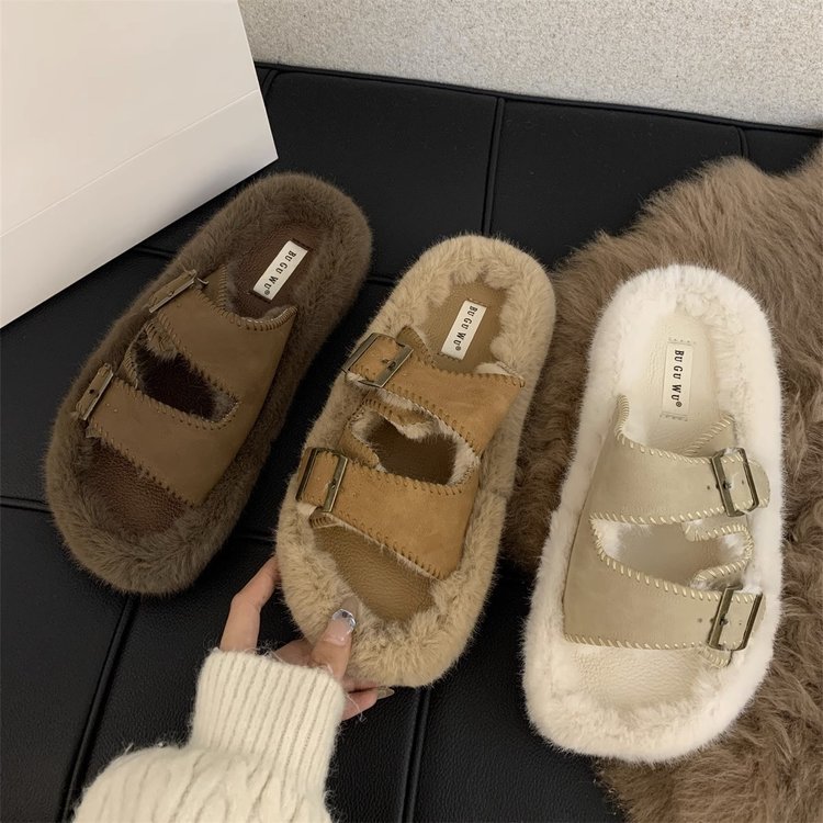 Internet celebrity soft-soled fur slippers for women's outer wear 2023 autumn and winter new sheep curly slip-on cotton slippers_voghion.com