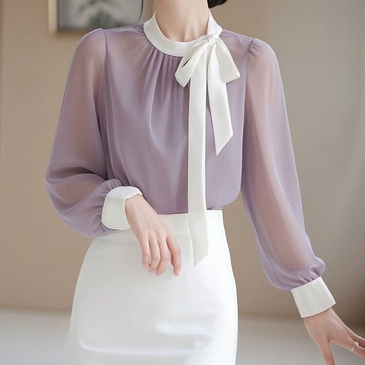 Nuanfenglai French-Style New Bow Long-Sleeve Shirt in Purple, Elegant Design, 2026 Chiffon High-End Chic Top Nuanfenglai French-Style New Bow Long-Sleeve Shirt in Purple, Elegant Design, 2026 Chiffon High-End Chic Top