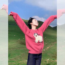 提花糯针织衫植绒可爱上衣蝴蝶结宽套头毛衣松软小狗女2026秋冬季