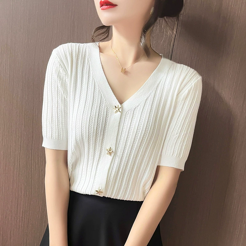 Свежий трикотажный кардиган женский тонкий летний средний рукав топ с V-образным вырезом