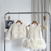 高端女童冬装新款连衣裙套装儿童小香风防皮草毛毛外套背心裙套装