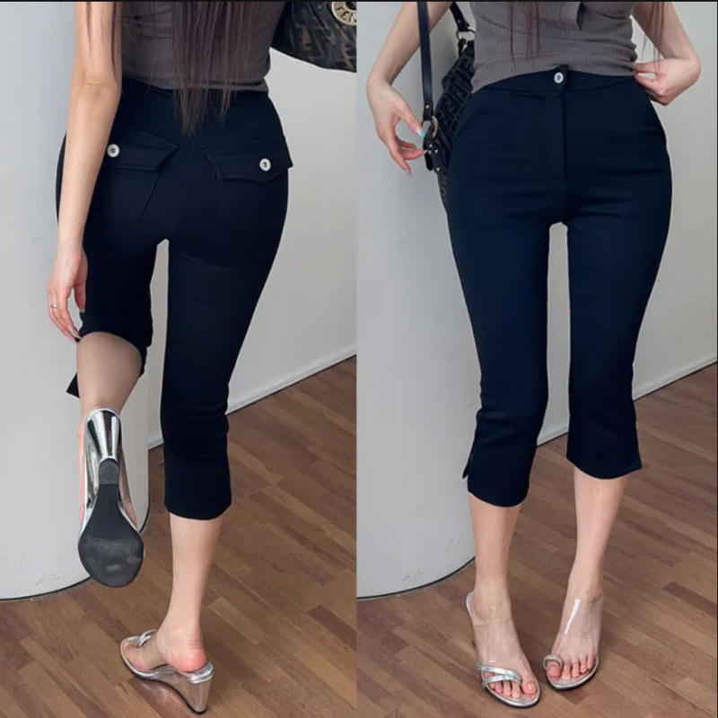 Korean Slim-Fit Denim Shorts with Slit Hems and Pockets, Casual Mid-Length Stretch Jeans