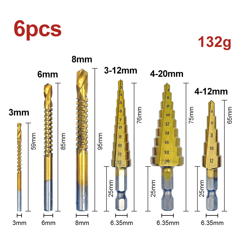 Taladro de pagoda Mango hexagonal de 3 piezas ranura recta métrica perforadora de titanio perforadora escalonada taladro escalonado de tres piezas