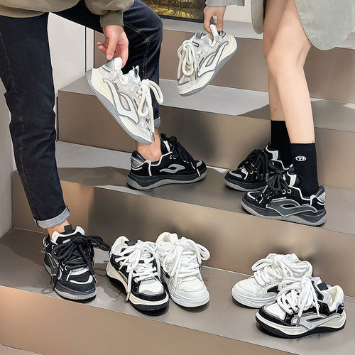 Zhao Lusi's same style dad shoes for women, genuine leather thick-soled versatile bread shoes, niche original couple style men's casual sneakers
