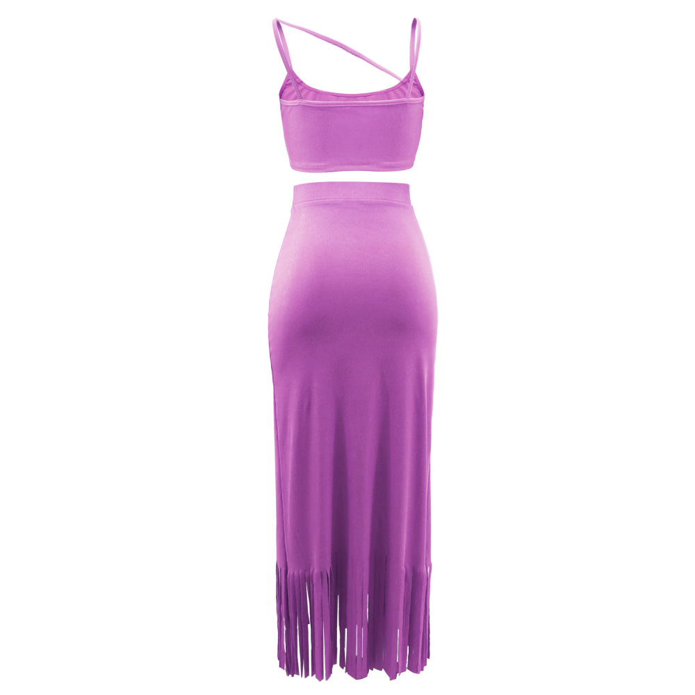 Sleeveless Cropped Short Vest Small Pit High Waist Tassel Dress Two Piece Set 12 Sleeveless Cropped Short Vest Small Pit High Waist Tassel Dress Two Piece Set