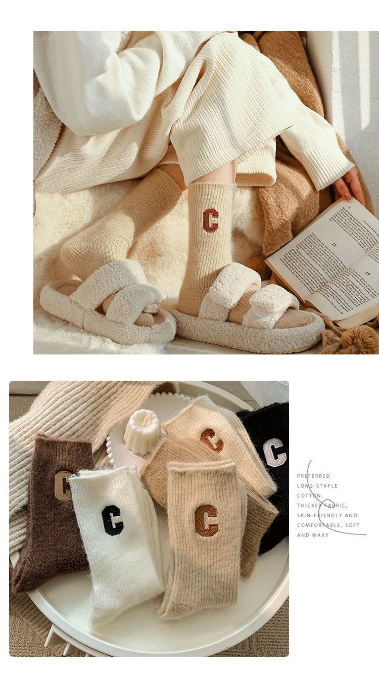 Socken mit großem C-Buchstaben für Kinder im Herbst und Winter, mittellange Röhre, koreanische Version von Kaschmir, verdickte warme Florstrümpfe für Damen_voghion.com