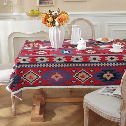 American cotton and linen geometric tablecloth, ethnic style table runner, Bohemian rectangular dining tablecloth, tea table runner