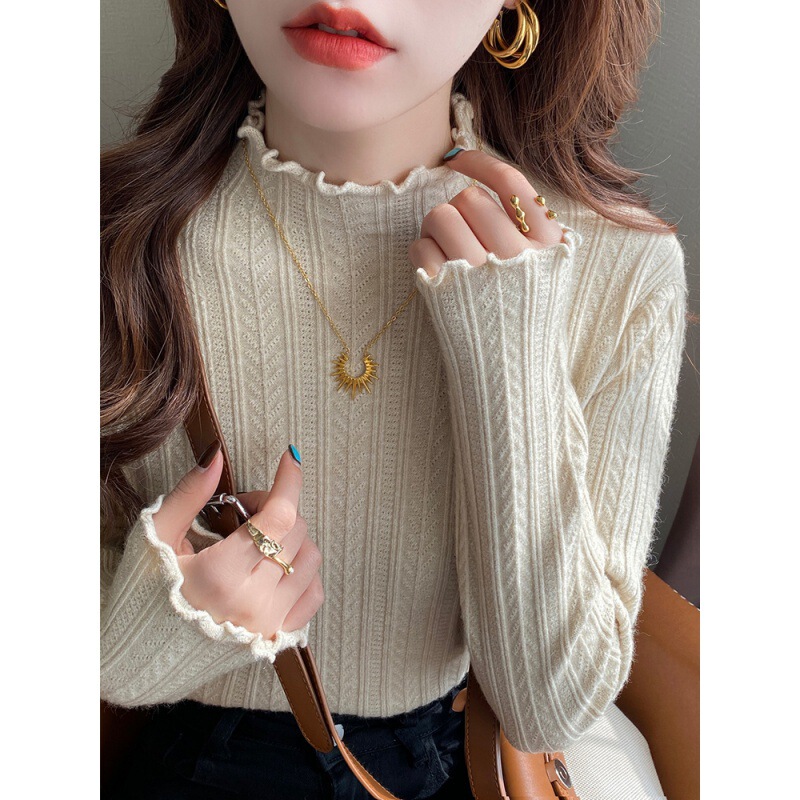 White Base Shirt Women's Autumn and Winter Inner 2024 New Half-turtleneck Ear-edged Knitted Sweater Mid-collar Long-sleeved Sweater